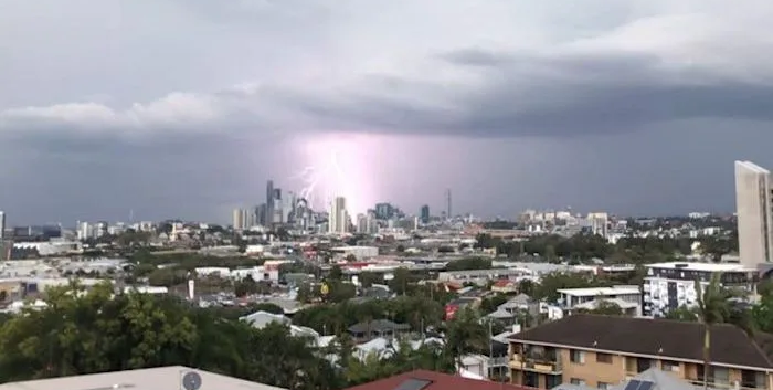 Big afternoon storm with lightening over Brisbane city