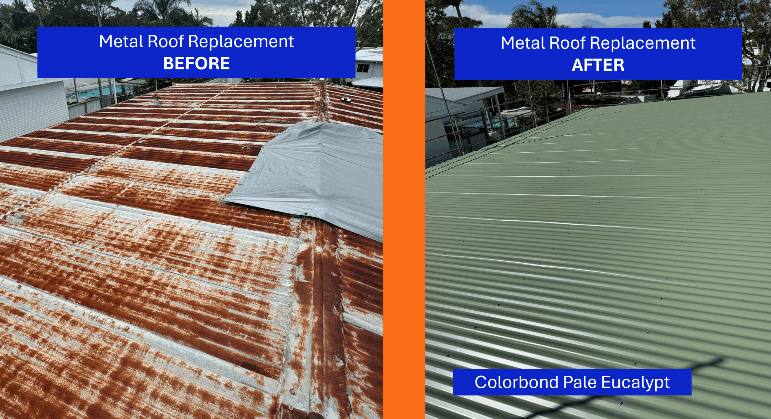 Metal roof restoration image - old roof to new Colorbond pale eucalypt colout 